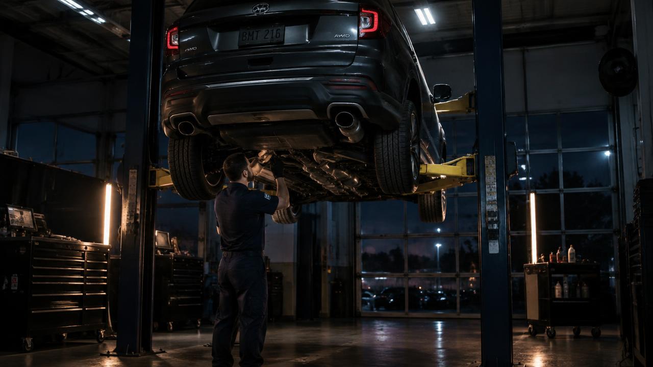 Technician inspecting a vehicle in the Next Drive Auto service bay